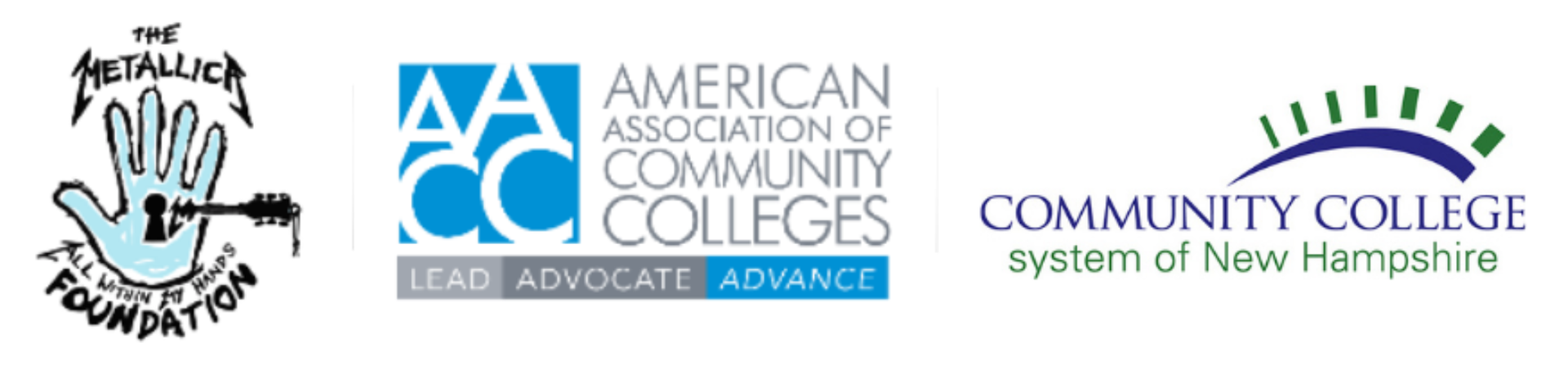 Three logos: Metallica Foundation, American Association of Community Colleges, and Community College NH.
